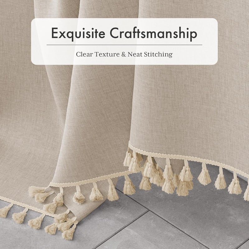 AmazerBath Farmhouse Shower Curtains for Bathroom, Tan Shower Curtain with Tassels, Taupe Rustic Faux Linen Shower Curtain Set with 12 Hooks, 72x72 Inches - Image 3